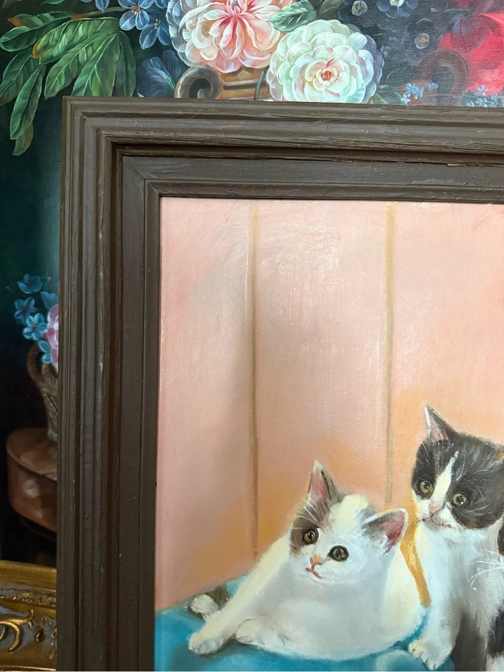 Cat Painting Wall Art - Brown Frame